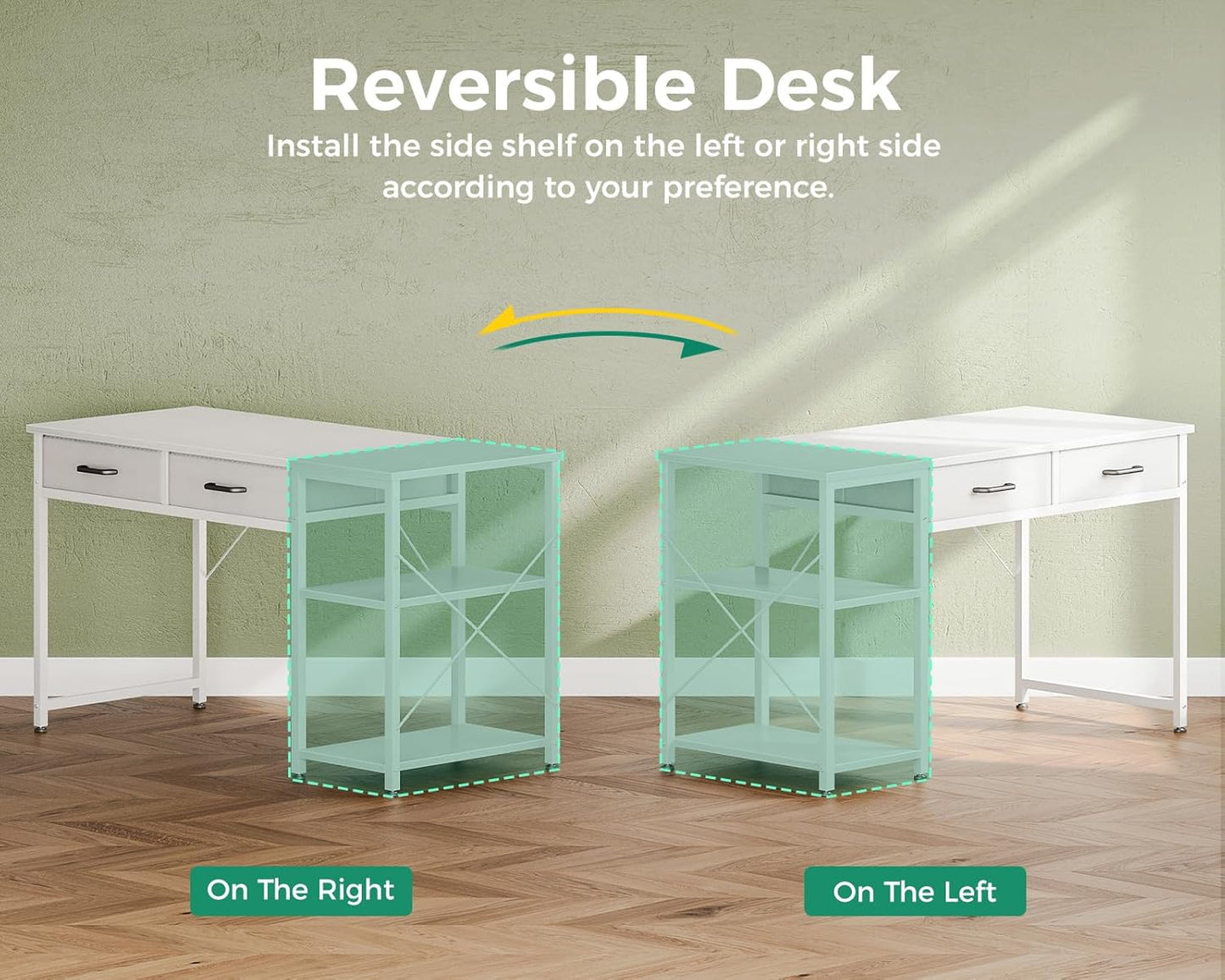 Small Computer Desk with Drawers, 40 Inch Reversible Home Office Desk with Storage Shelves, Study Laptop Vanity Table for Bedroom Small Space, White