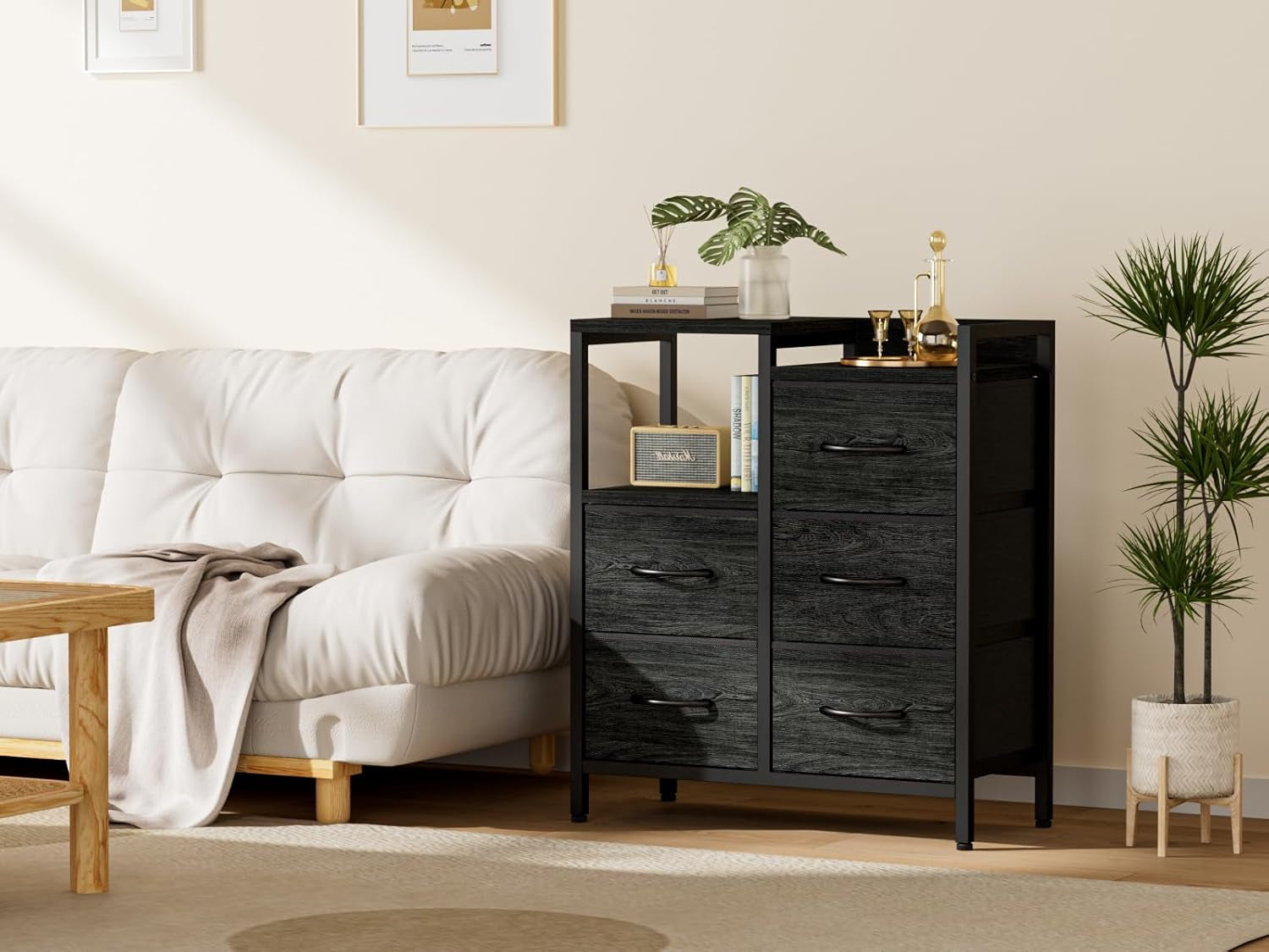 5 Drawer Black Dressers for Bedroom 2 Tier Shelf Storage Small Fabric Dresser for Closet Sturdy Metal Frame Modern Style Storage Cabinets Organization Units for Hallway Rooms