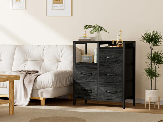 5 Drawer Black Dressers for Bedroom 2 Tier Shelf Storage Small Fabric Dresser for Closet Sturdy Metal Frame Modern Style Storage Cabinets Organization Units for Hallway Rooms