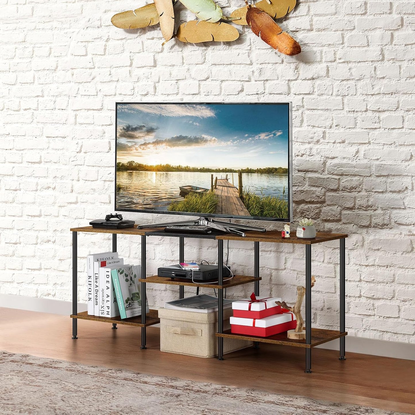 Small TV Stand for Living Room up to 50 Inch Farmhouse TV Media Entertainment Center with Power Outlets & Storage Shelf Rustic TV Console Table for Bedroom, Rustic Brown