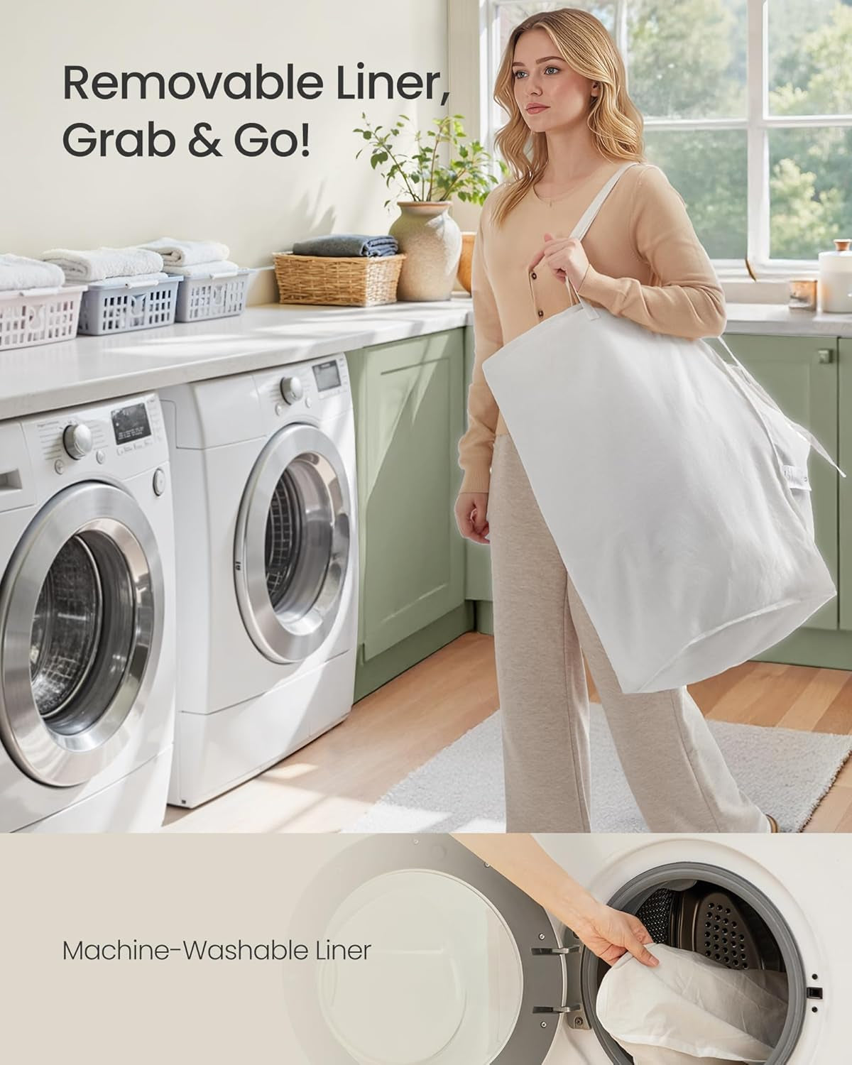 Laundry Hamper with Lid, 23.8 Gallon (90L) Synthetic Rattan Clothes Laundry Basket with Lid and Handles, Foldable, Removable Liner, Summer Sand ULCB051LZ01