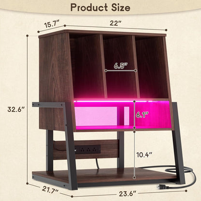 Record Player Stand with Vinyl Storage Cabinet, 22" Record Player Table up to 200 Albums, Large Wood Turntable Stand with Record Album Holder with Charging Station & LED Light, Espresso