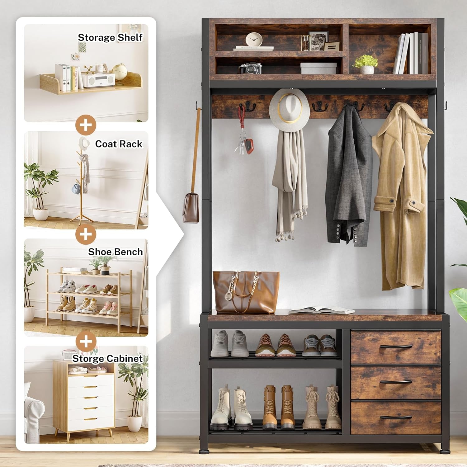 Hall Tree with Bench and Shoe Storage, Coat Rack Freestanding with 3 Fabric Drawers, Entryway Bench with Shoe Storage, Hall Tree with 12 Hooks for Hallway