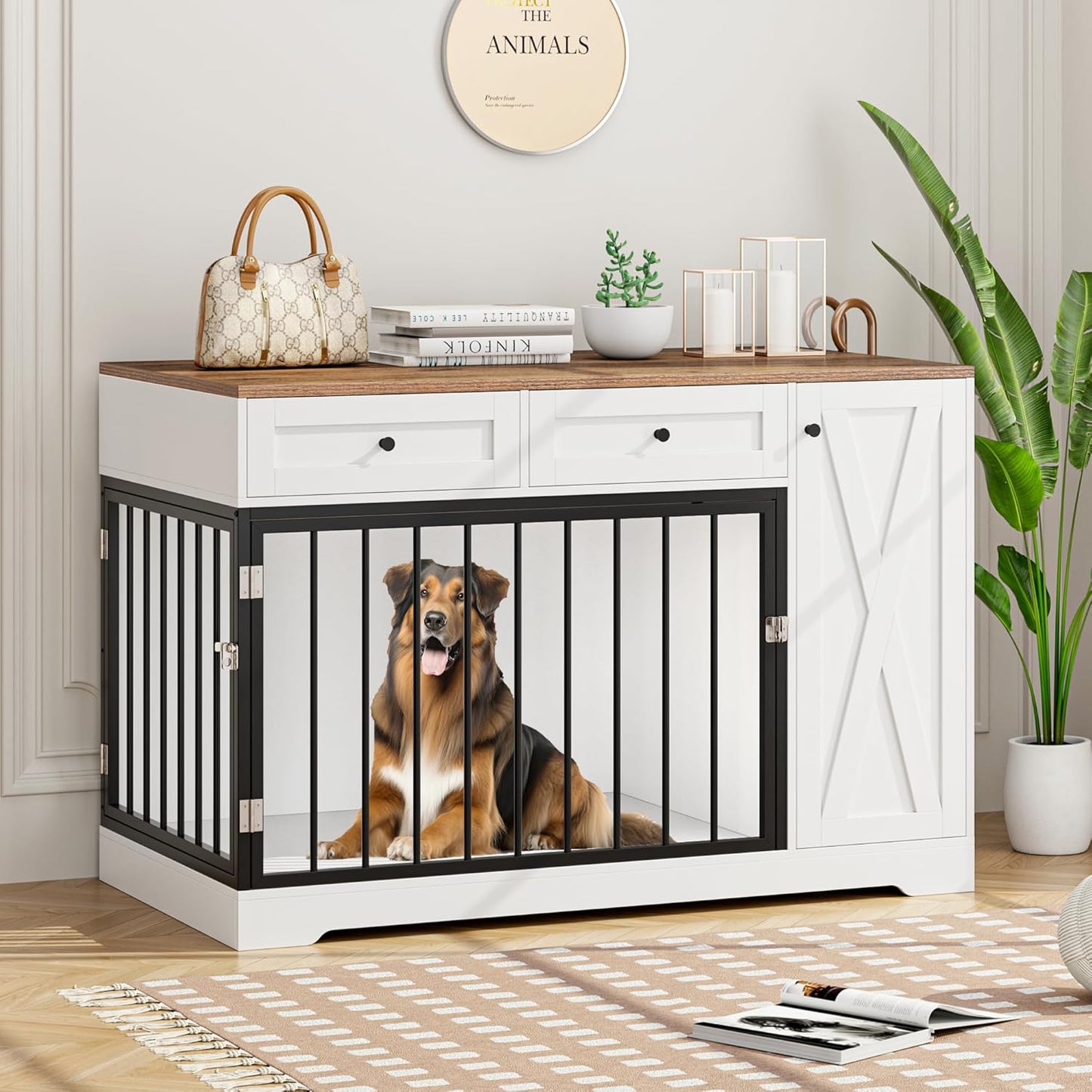 Dog Crate Furniture Kennel with Double Doors Wooden Pet House with 2 Drawers and Storage Cabinet, Indoor Dog Cage Farmhouse Modern Side End Table for Small Medium Dogs, Rustic