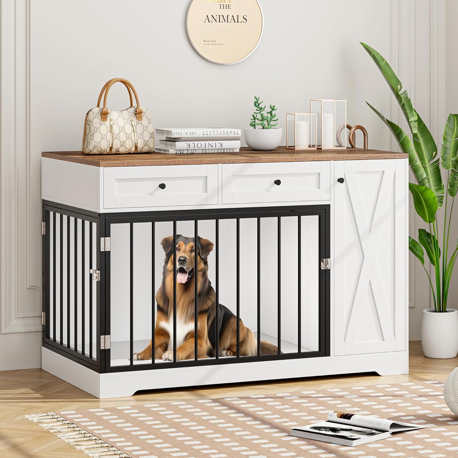 Dog Crate Furniture Kennel with Double Doors Wooden Pet House with 2 Drawers and Storage Cabinet, Indoor Dog Cage Farmhouse Modern Side End Table for Small Medium Dogs, Rustic