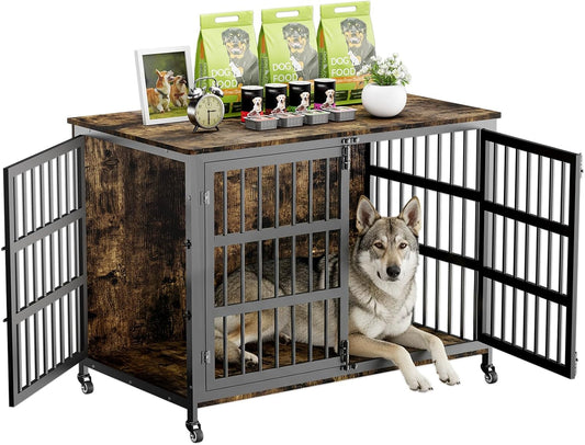 46" Dog Crate Furniture with Wheels, XXL Heavy Duty Dog Kennel Indoor for XL Dogs, Metal Chew-Proof Dog Cage, 45.9" L X 27.6" W X 32.4" H, Decorate House as TV Stand, End Table — Rustic Brown