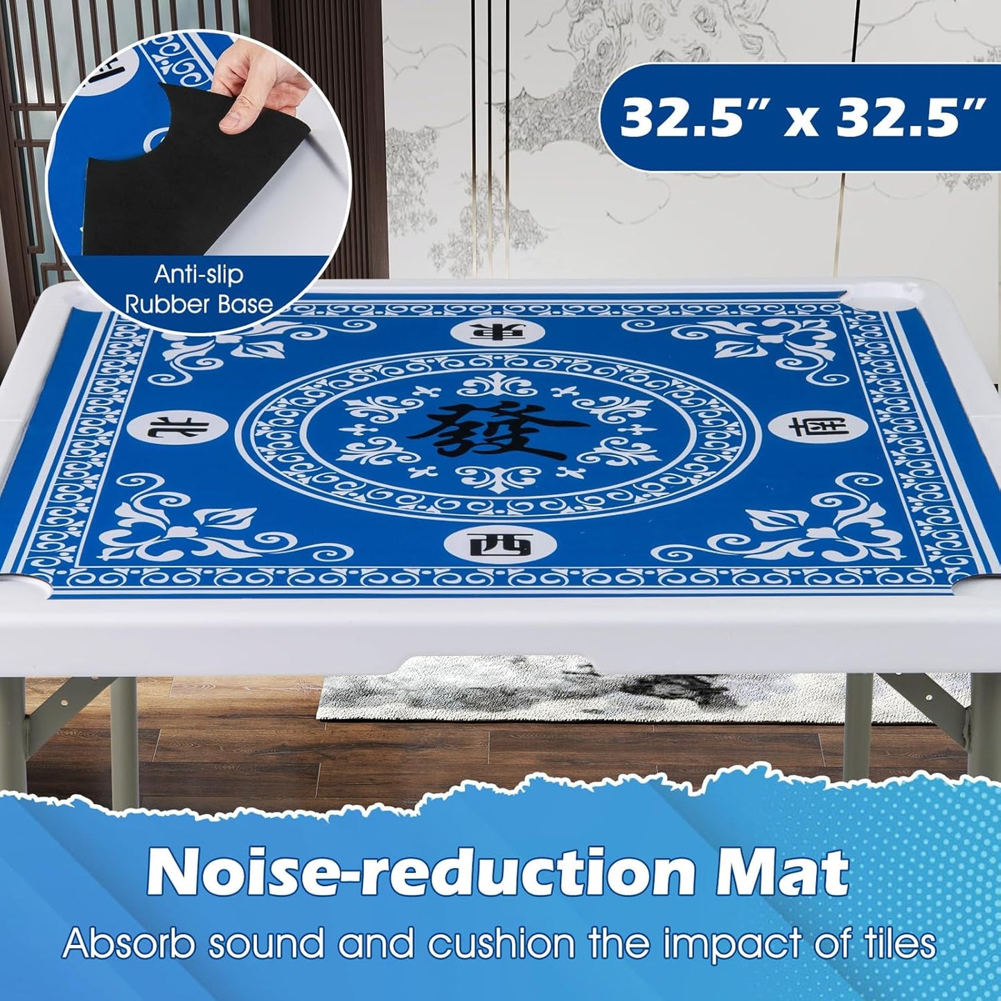 Folding Mahjong Table, 35" Square Card Table with Cup Holders, Removable Noise Reduction Mat, HDPE Tabletop, 4-Player Portable Domino Tables for Poker Blackjack Board Game (Blue)