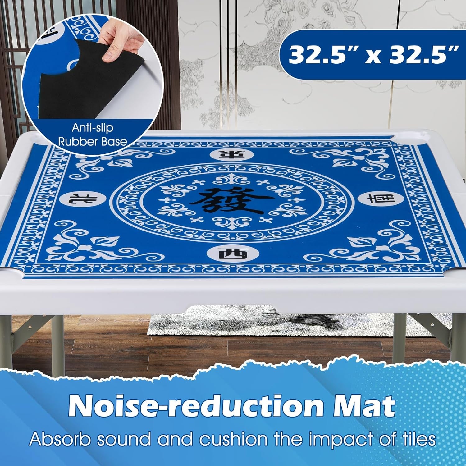 Folding Mahjong Table, 35" Square Card Table with Cup Holders, Removable Noise Reduction Mat, HDPE Tabletop, 4-Player Portable Domino Tables for Poker Blackjack Board Game (Blue)