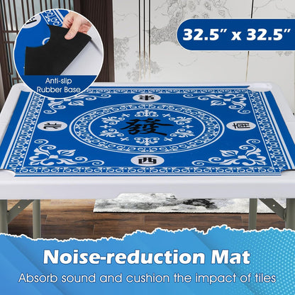 Folding Mahjong Table, 35" Square Card Table with Cup Holders, Removable Noise Reduction Mat, HDPE Tabletop, 4-Player Portable Domino Tables for Poker Blackjack Board Game (Blue)