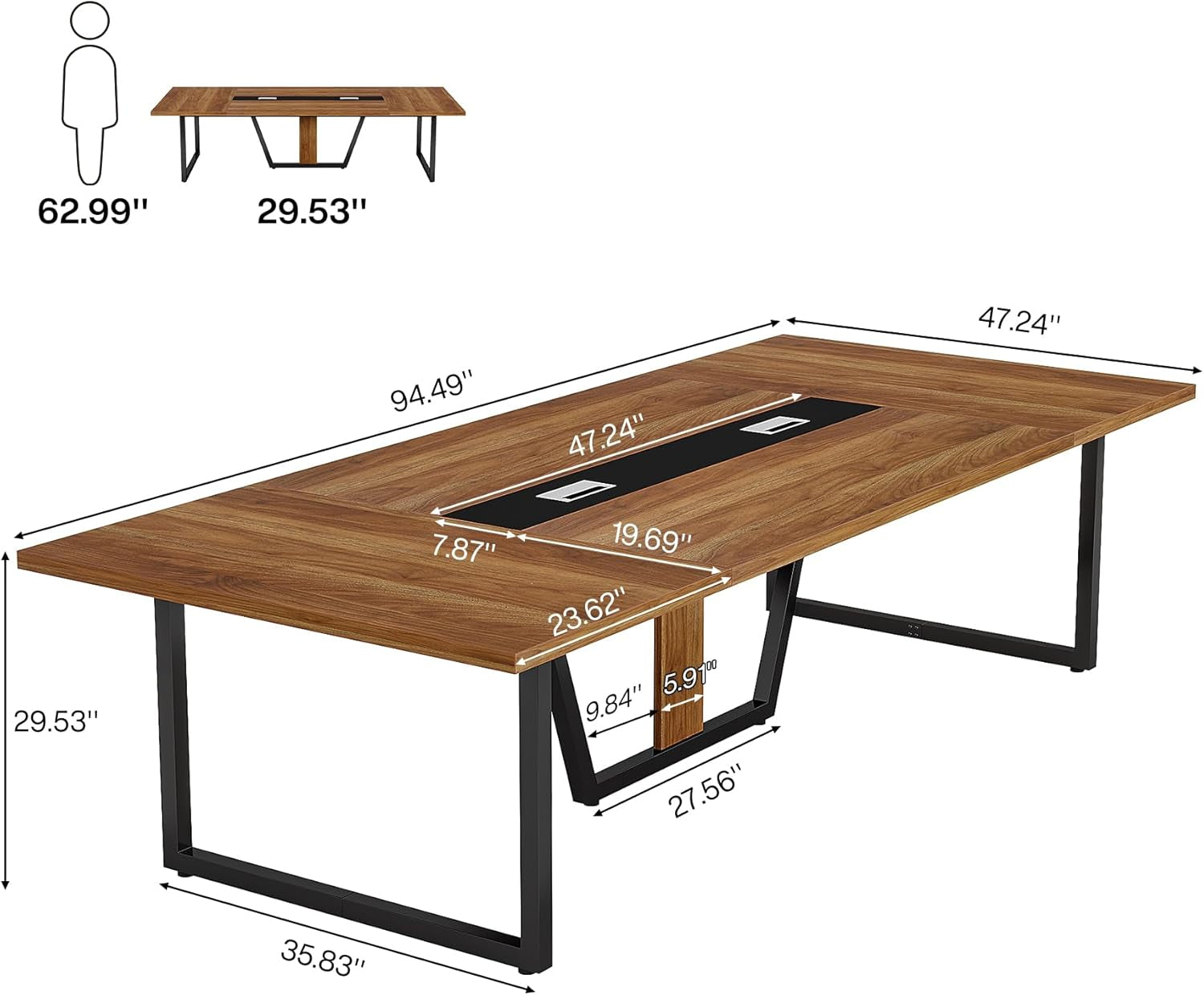8FT Conference Table, 94.49 L X 47.24 W X 29.53 H Inches Large Meeting Podcast Table for 10 People, Business Style Wooden Training Table with Strong Metal Frame for Office Conference