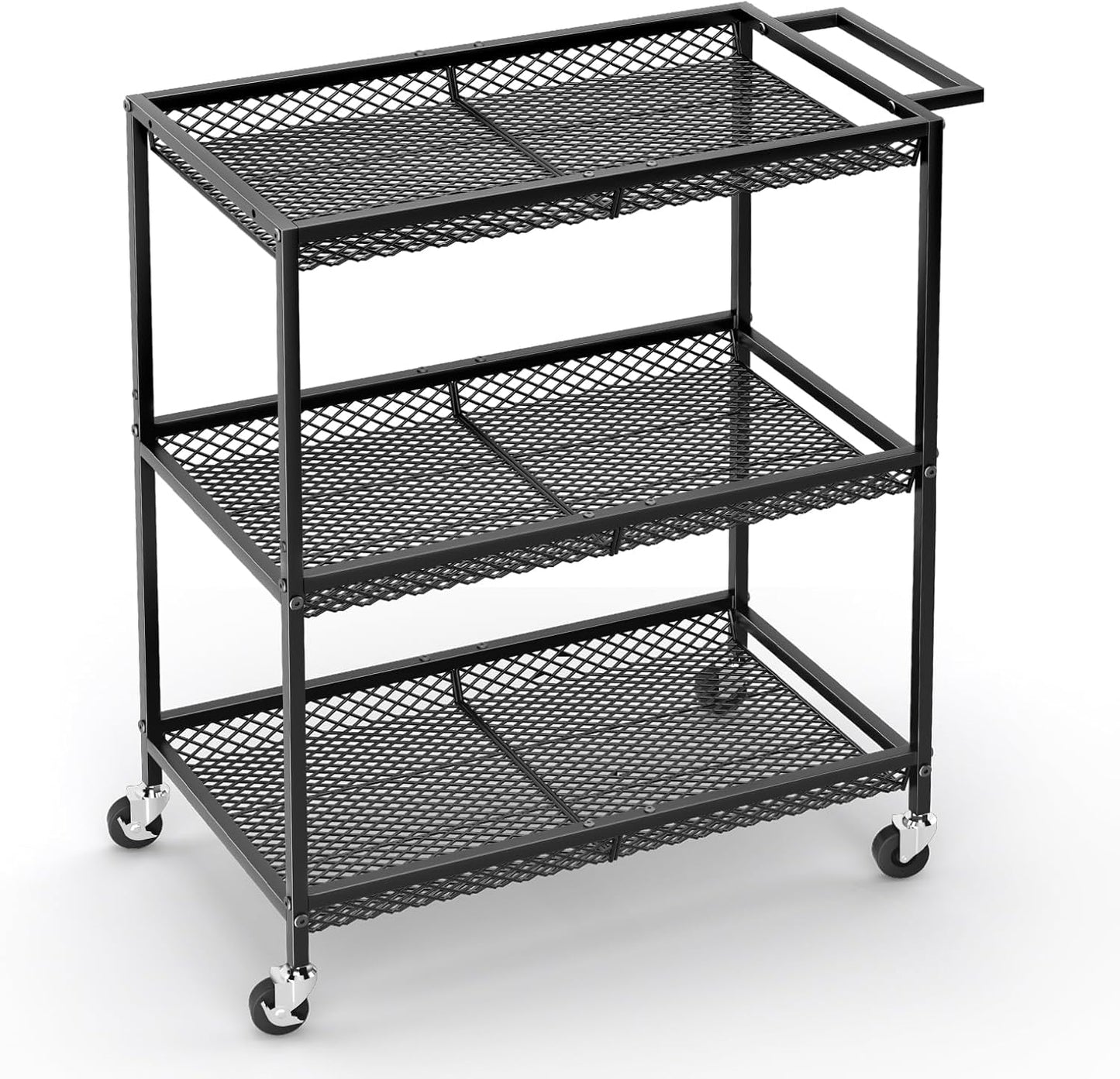 3 Tier Rolling Utility Kitchen Cart, Heavy Duty Wire Rolling Cart on Wheels, Commercial Metal Serving Carts with Handle, Kitchen Island Plant Shelf Food Storage Trolley for Laundry, Office, Garage