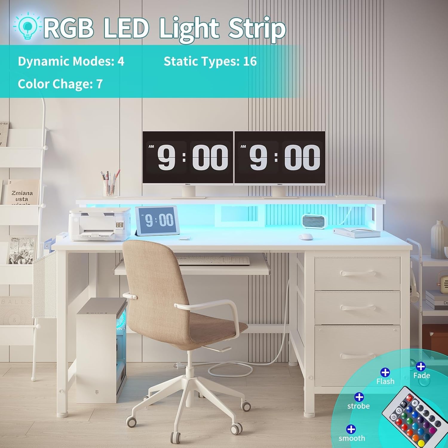 Gaming Desk with LED Lights and Power Outlets, 47 Inch Home Office Desks with Keyboard Tray, White Computer Desk with File Drawers Cabinet, Writing Table PC Desks with Monitor Stand, White