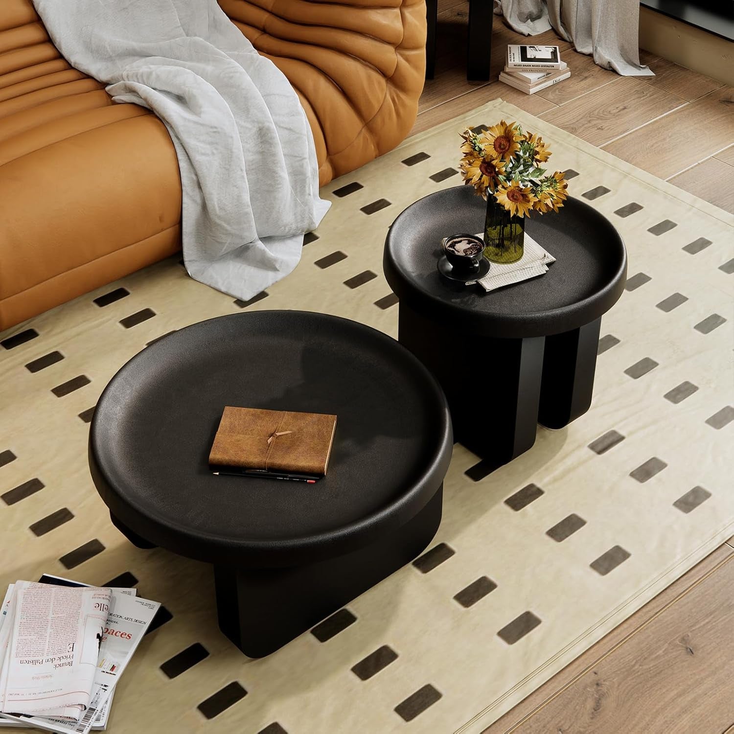 Modern round Coffee Table,Black Nesting Coffee Tables,Metal Center Table,Unique Circle Coffee Table for Living Room(Black, Great Circle：29.1 X 16.5（In）