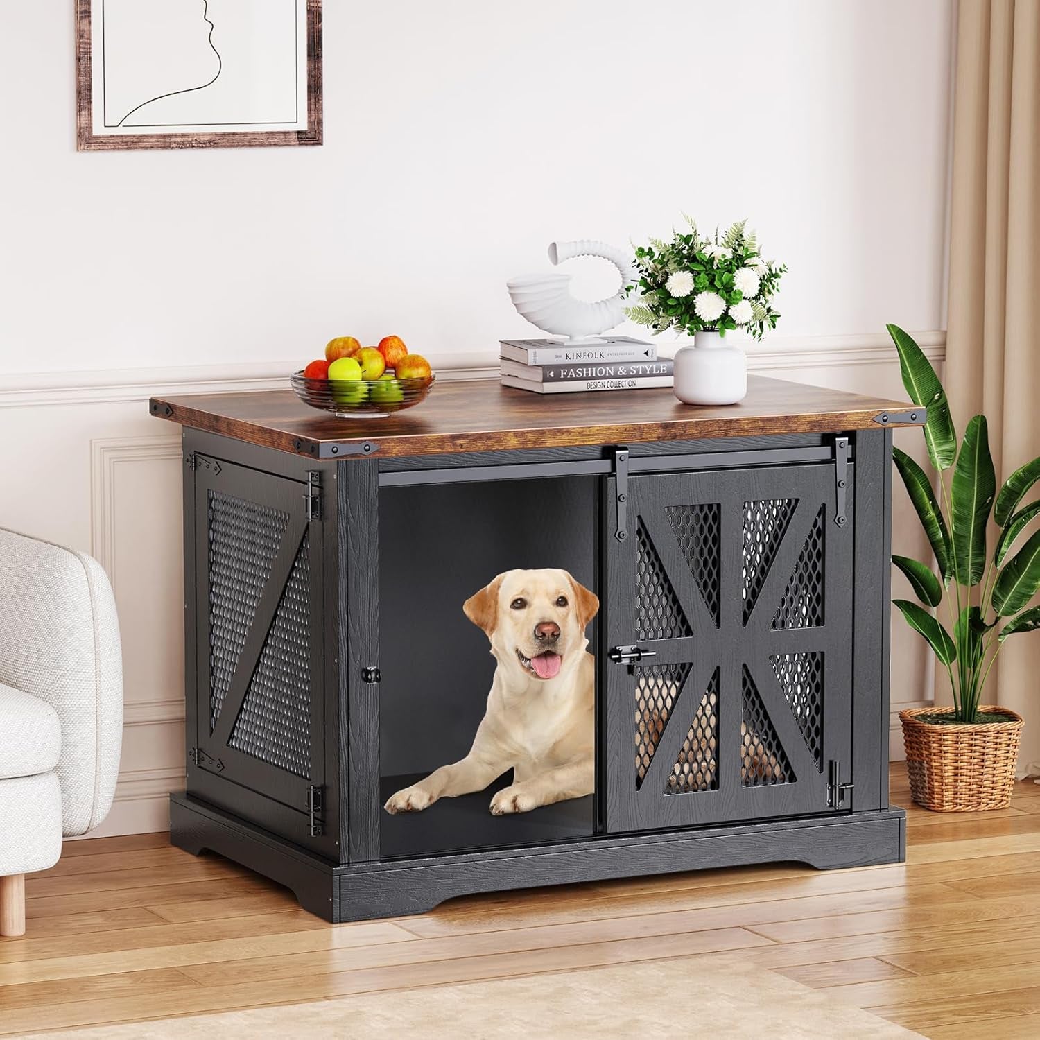 40" Farmhouse Dog Crate Furniture, Heavy Duty Dog Cage for Medium Large Dogs, Wood Dog Crate Dog Kennel Indoor with Double Doors, Chew Resistant End Table for Bedroom Living Room, Black
