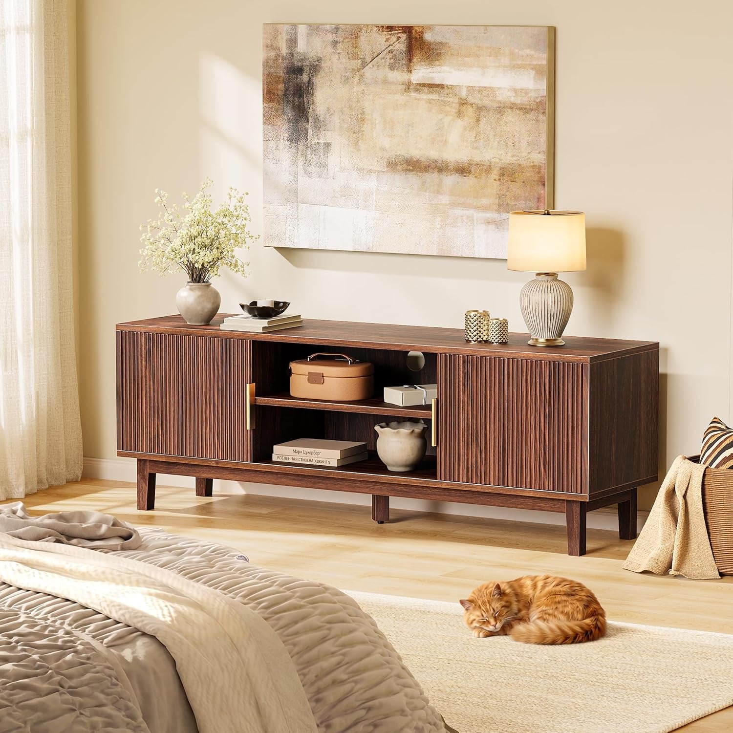 54 Inch TV Stand for 50, 55 Inch TV, Fluted Entertainment Center with 2 Cabinets, TV Consoles for Living Room, 3-Level Adjustable Shelf, 4 Cable Holes, Meida Console, Walnut