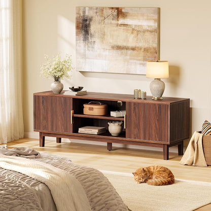 54 Inch TV Stand for 50, 55 Inch TV, Fluted Entertainment Center with 2 Cabinets, TV Consoles for Living Room, 3-Level Adjustable Shelf, 4 Cable Holes, Meida Console, Walnut
