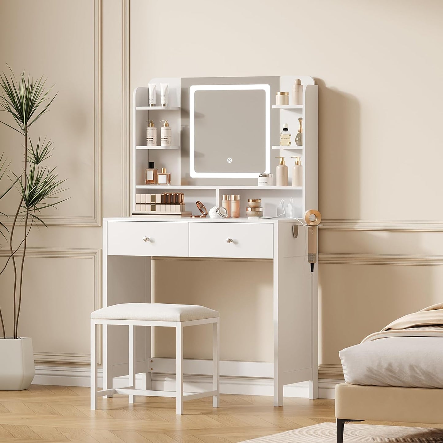 White Vanity with Lighted Mirror, 8 Shelves, 2 Drawers, Charging Station, Hair Dryer Holder & Stool, LED Mirror with 3 Light Modes