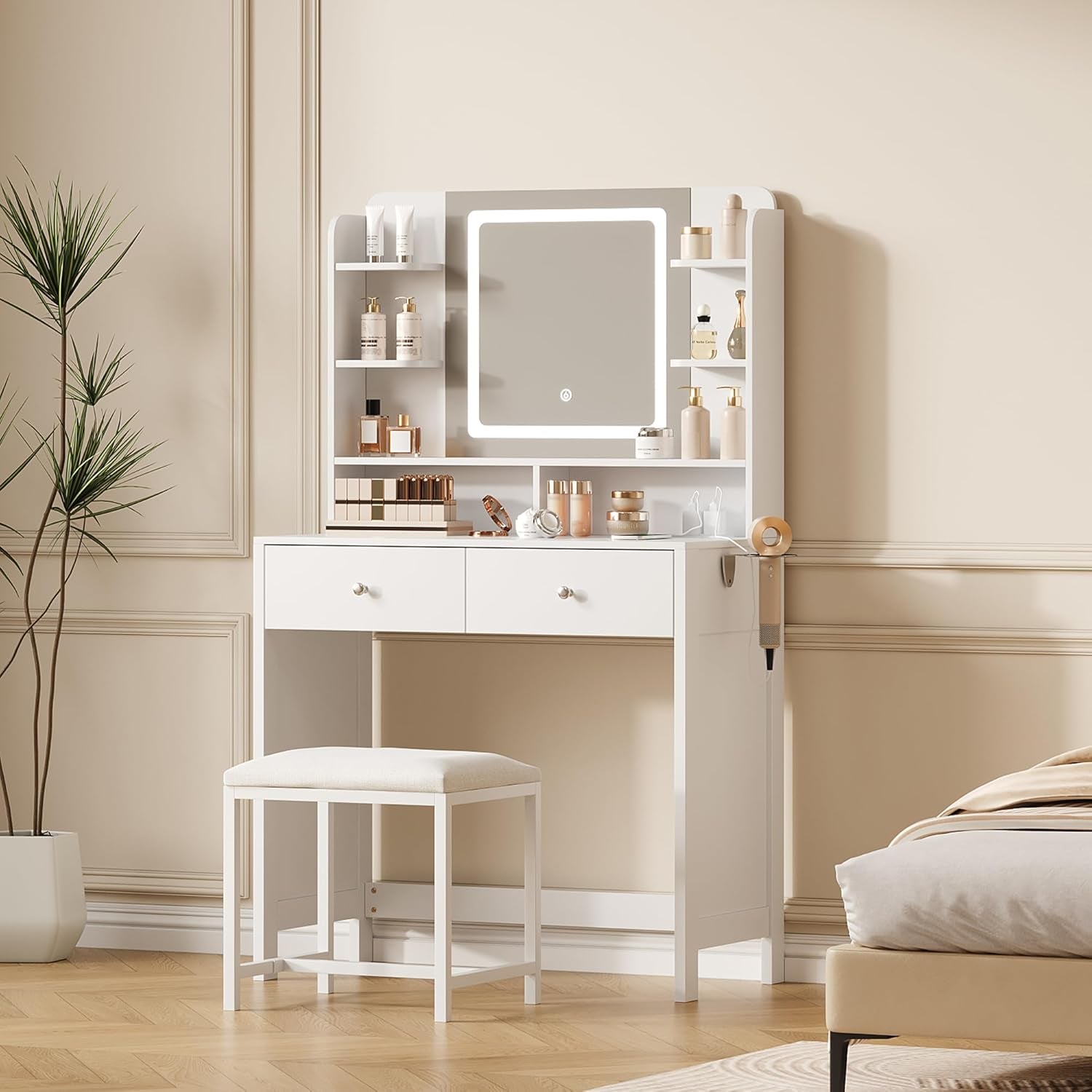 White Vanity with Lighted Mirror, 8 Shelves, 2 Drawers, Charging Station, Hair Dryer Holder & Stool, LED Mirror with 3 Light Modes