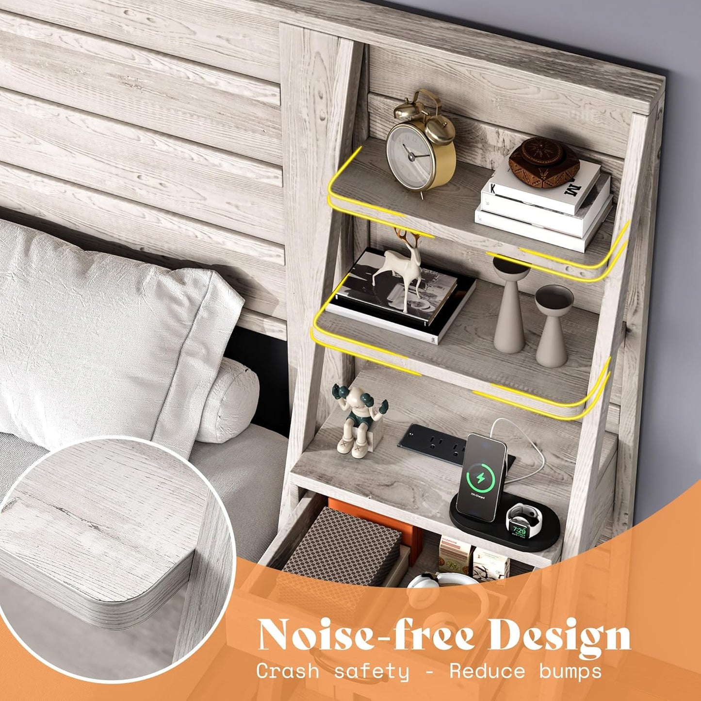 Queen Bed Frame with Bookcase Headboard & 4-Tier Bedside Shelf, Farmhouse Platform Bed with Charging Station and 2 Drawers, Noise-Free, No Box Spring Needed, Rustic White