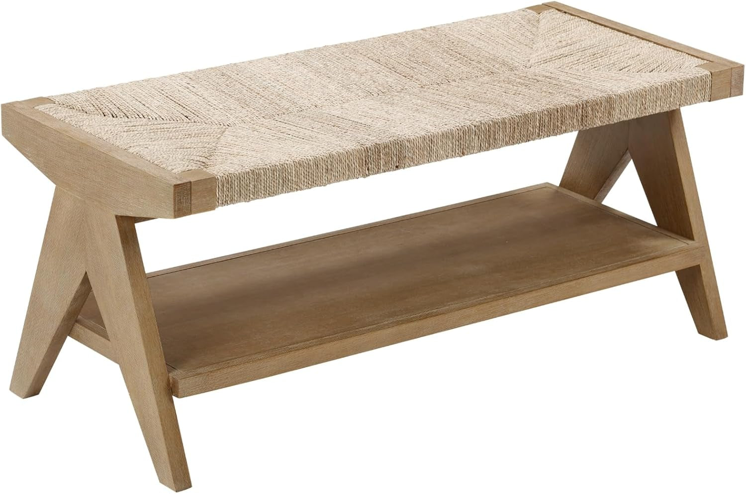 Beacon Bohemian Bench Seat with Shoe Storage, Seagrass Entryway or End of Bed Bench with Solid Wood Frame, Brushed Light Brown