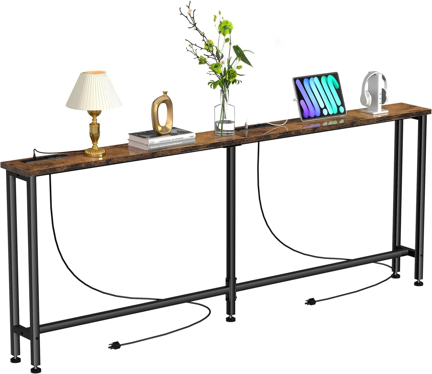 70" Narrow Console Sofa Table - Power Outlets & 2 USB Ports, Metal Frame, Rustic Brown, Perfect for Hallway, Office, and behind Sofa - Easy Assembly, 4.9' Extension Cord Included