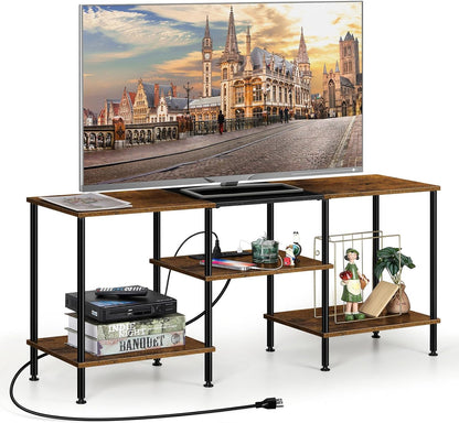 Small TV Stand for Living Room up to 50 Inch Farmhouse TV Media Entertainment Center with Power Outlets & Storage Shelf Rustic TV Console Table for Bedroom, Rustic Brown