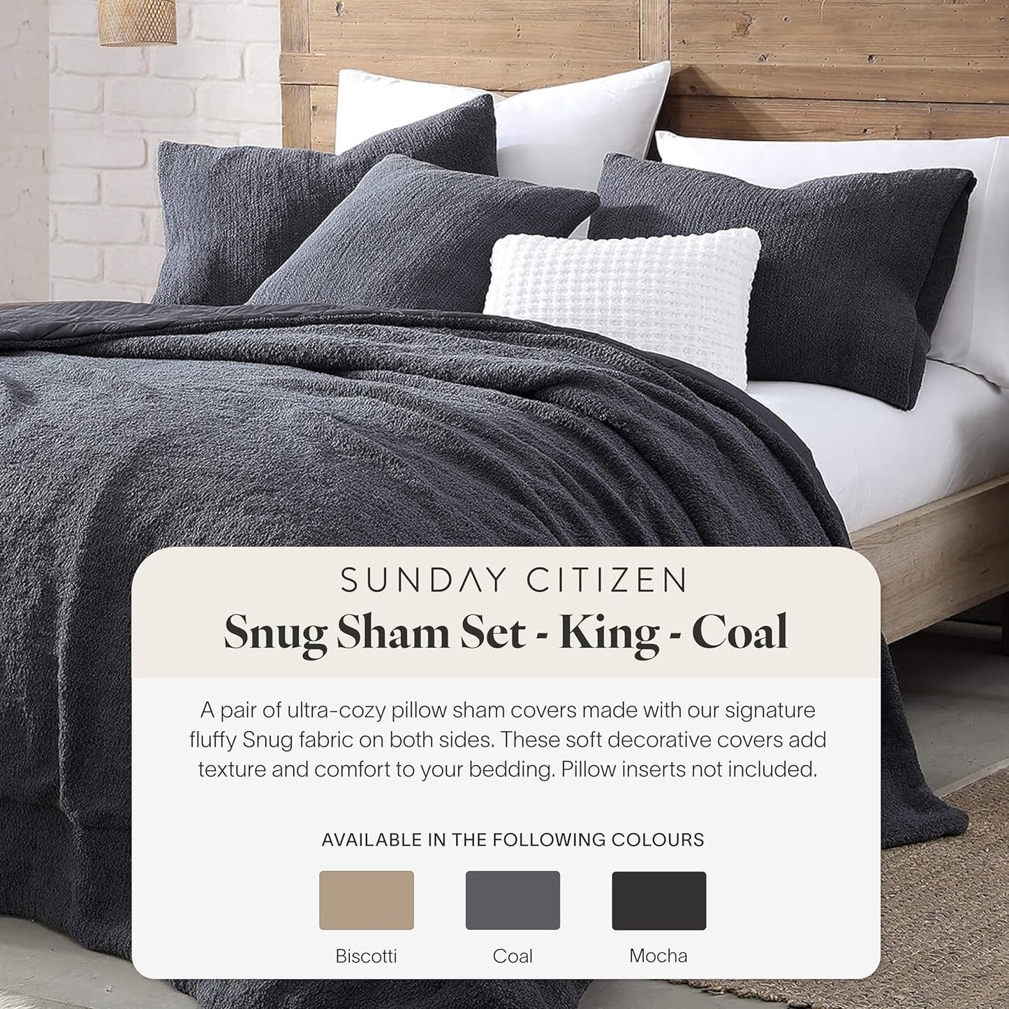 Snug Sham Set (Set of 2) – Ultra Soft Fluffy Pillow Shams, Decorative Bed Pillow Shams - Signature Snug Fabric, Hypoallergenic, Machine Washable - King Size (20.5" X 36.5") - Coal