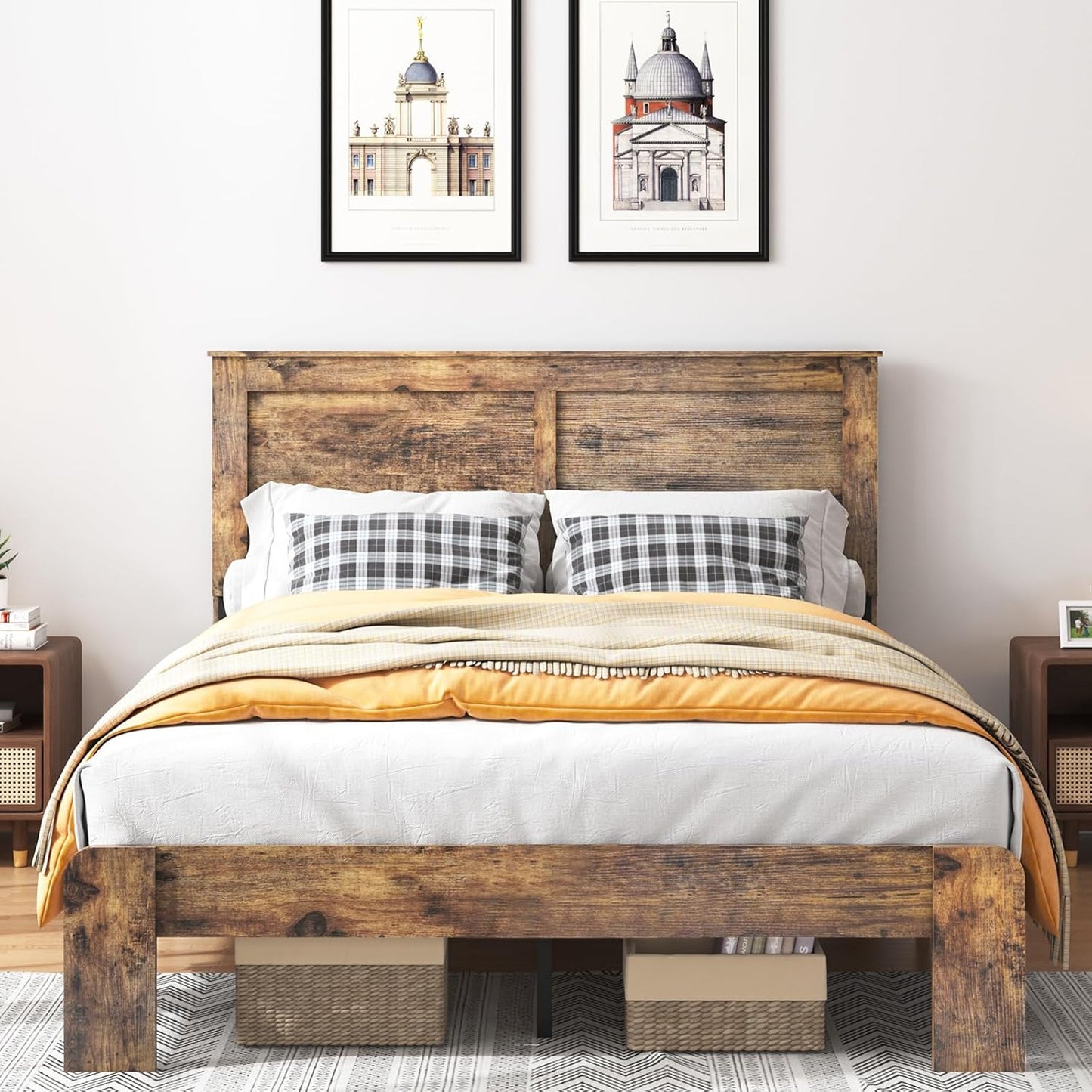 Wood Queen Bed Frame with Headboard, Rustic Farmhouse Platform Bed Frame with 12 Wood Slats Support, No Box Spring Needed, Easy Assembly (Vintage Brown, Queen)