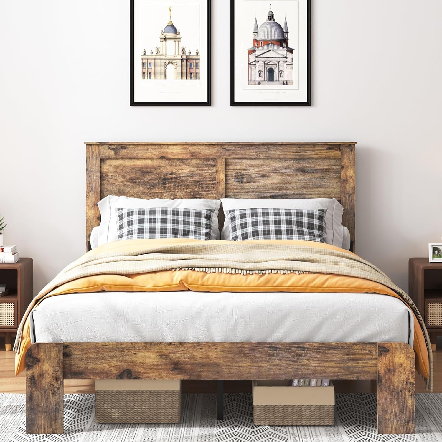 Wood Queen Bed Frame with Headboard, Rustic Farmhouse Platform Bed Frame with 12 Wood Slats Support, No Box Spring Needed, Easy Assembly (Vintage Brown, Queen)