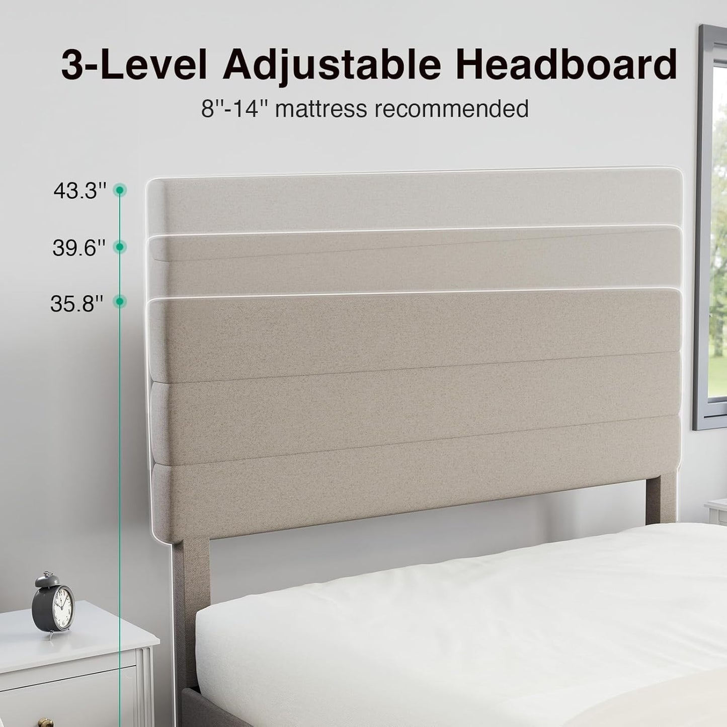 King Bed Frame and Headboard, King Bed Frame, Linen Upholstered Stripe Bed Frames, No Box Spring Needed, Heavy Duty Feet, Easy Assembly, Beige