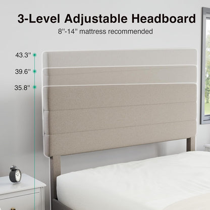 King Bed Frame and Headboard, King Bed Frame, Linen Upholstered Stripe Bed Frames, No Box Spring Needed, Heavy Duty Feet, Easy Assembly, Beige