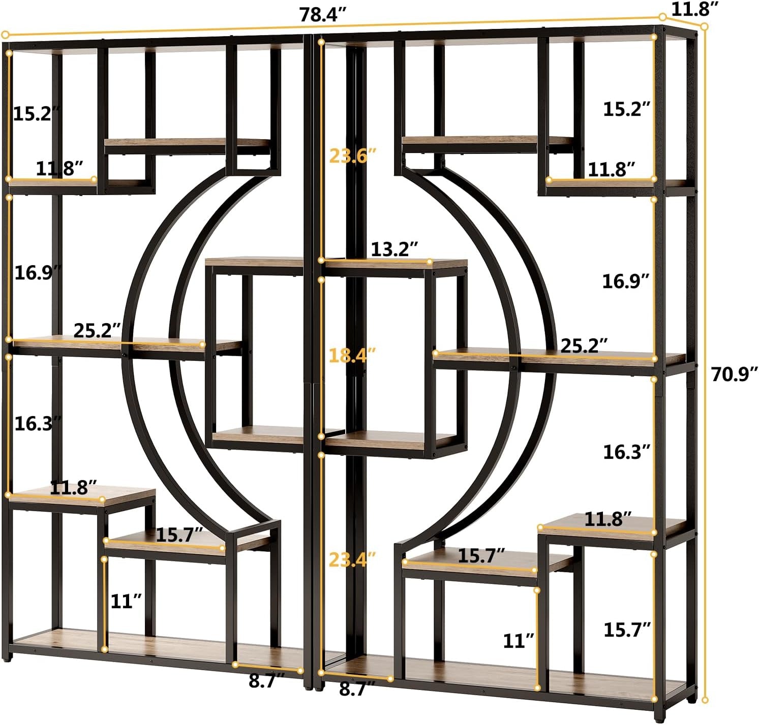 70.8" Tall Bookshelf Set of 2, 79" Wide Geometric Display Shelf with 18 Open Storage Shelves, Scratch-Resistant Gray Wash & Metal Frame, for Living Room, Office, Bedroom – Anti-Tip & Adjustable Feet
