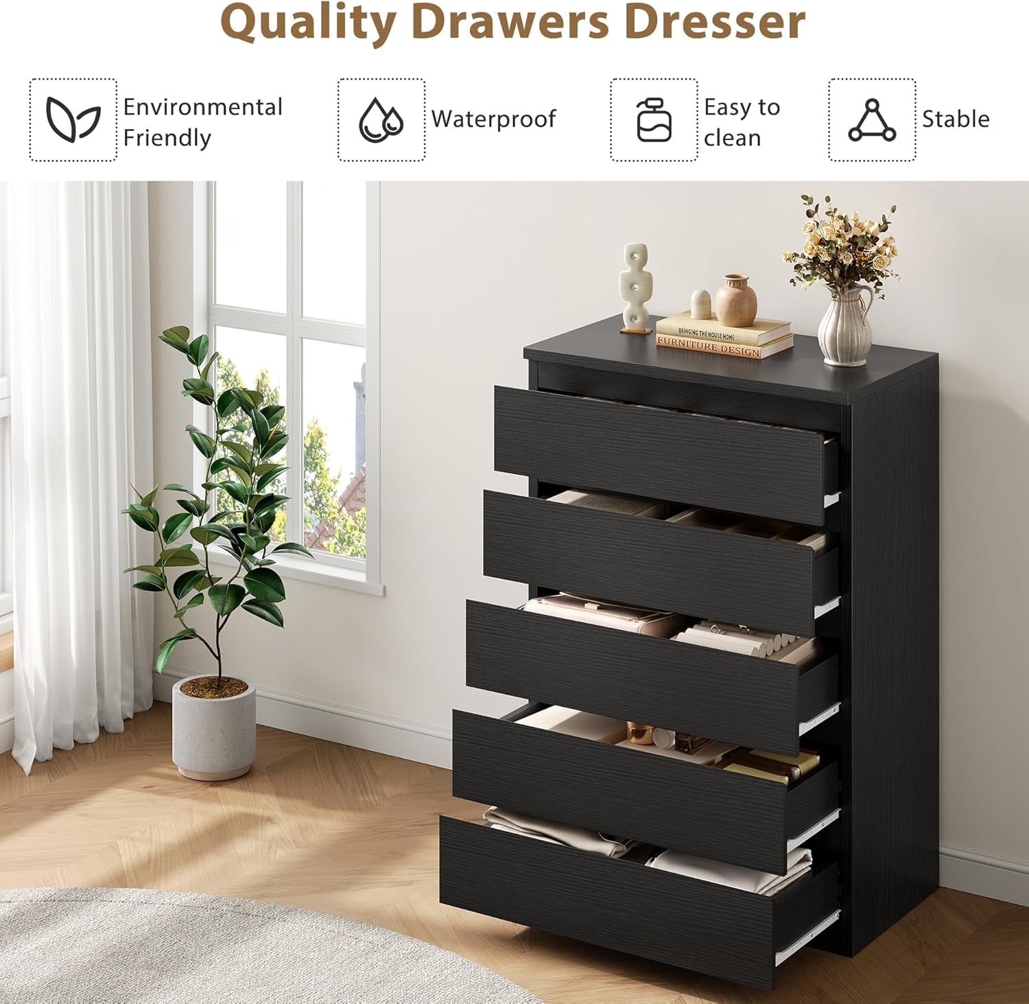 Black 5 Drawer Dresser for Bedroom, 15" D X 23.7" W X 40.4" H in Simply Chest of Drawers, Wood Storage Dresser with Drawers for Living Room Hallway Entryway, Black