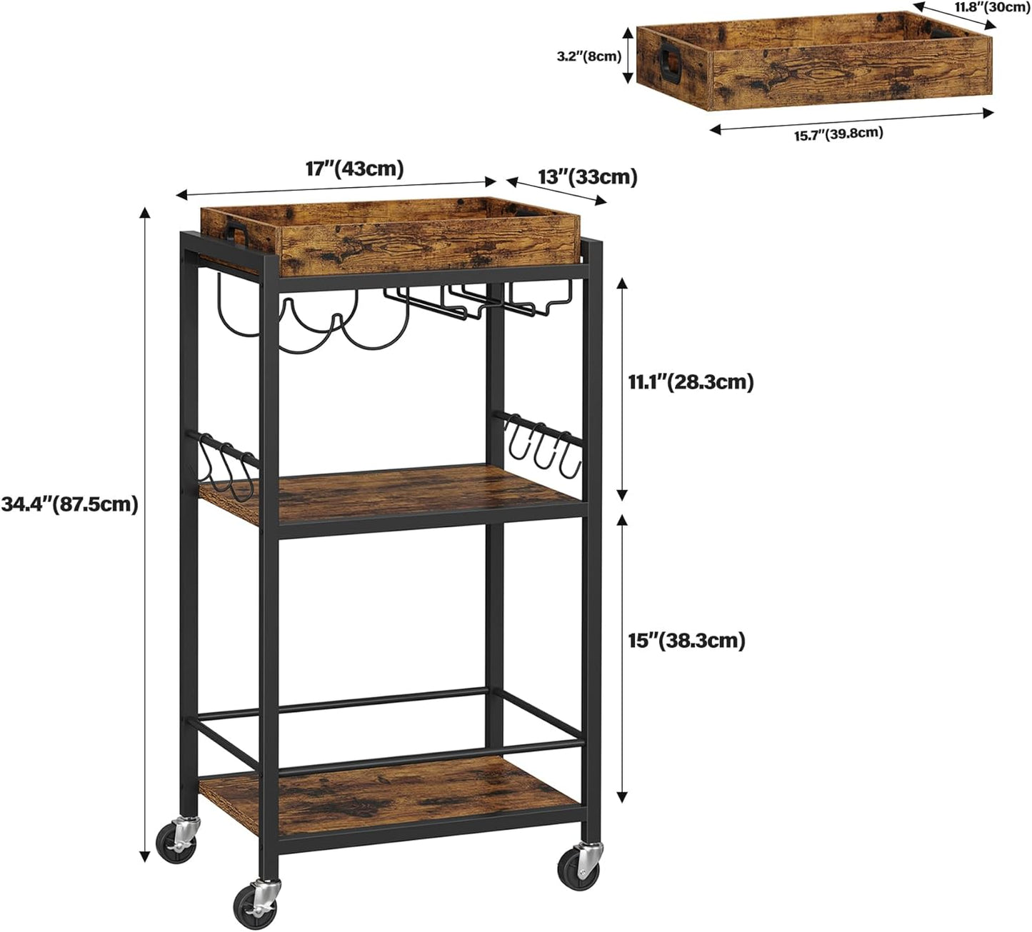 Bar Cart with Removable Tray, Home Bar Serving Cart, Drink Cart, Mobile Kitchen Shelf with Wine Rack and Glass Holder, Rolling Beverage Cart for Living Room, Kitchen, Brown BC01BB036