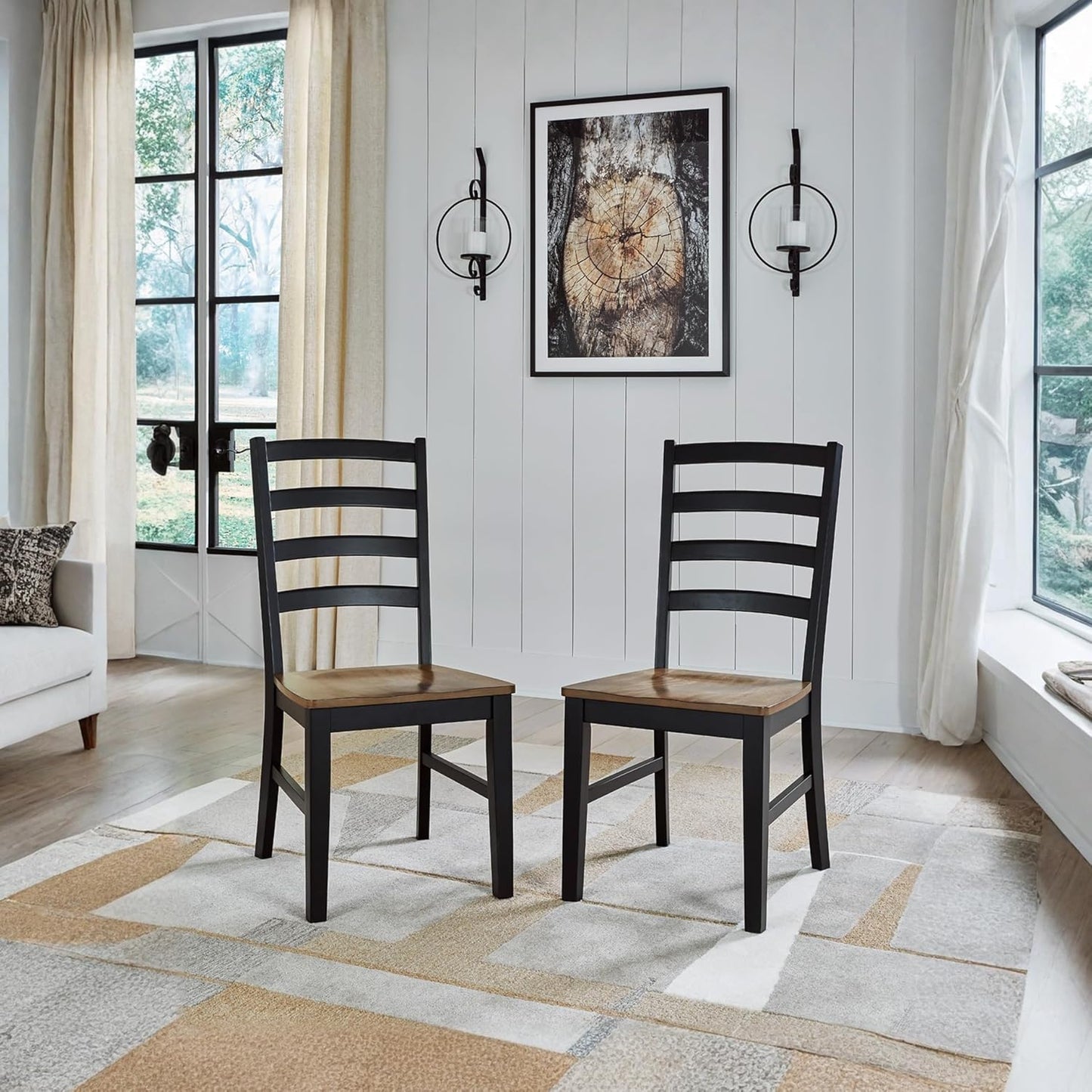 Signature Design by Ashley Wildenauer Dining Chairs Set of 2, Modern Ladderback Dining Chairs with Solid Wood Frame, Two-Tone Finish, Contoured Seat, Black/Brown