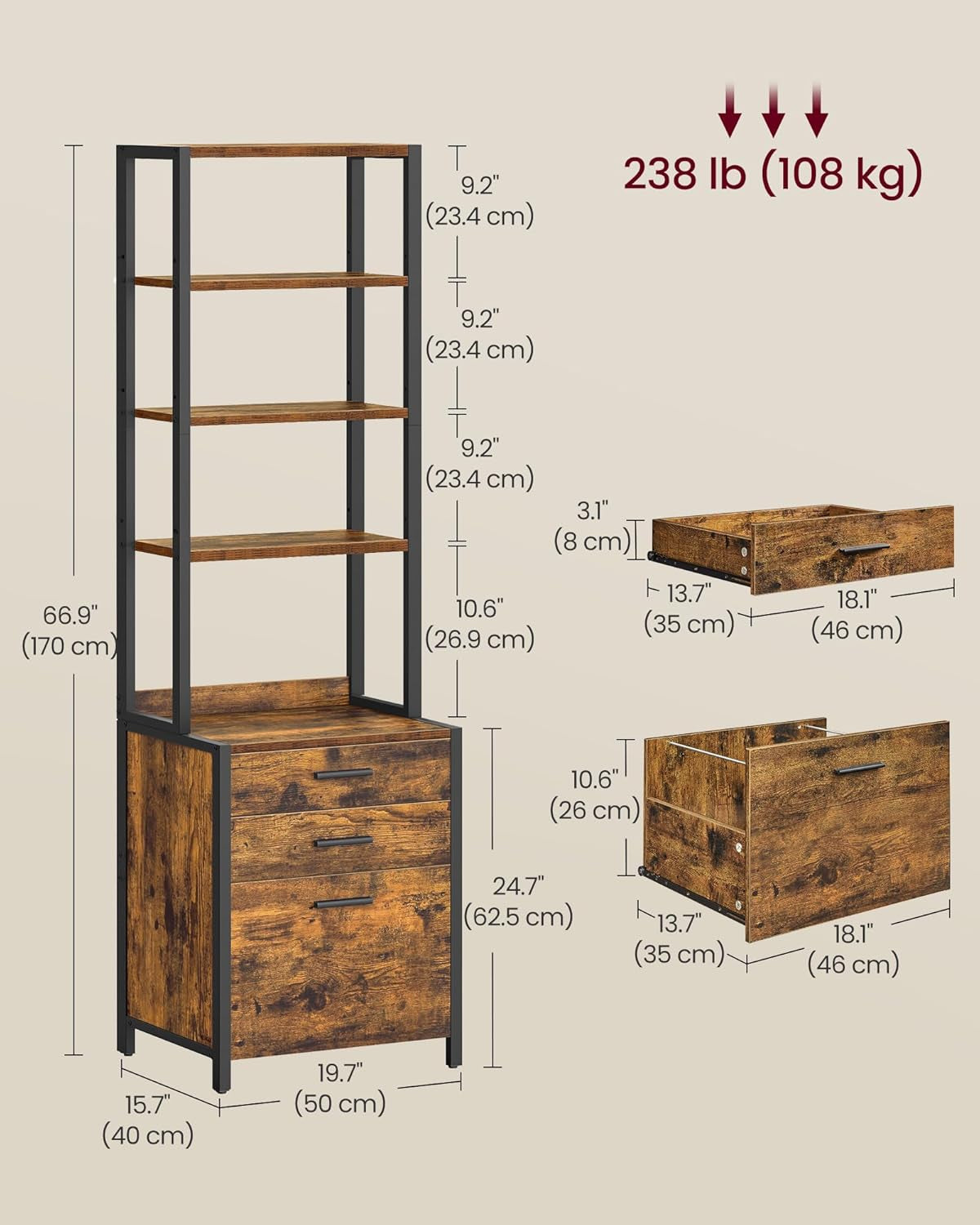 Lateral File Cabinet, Home Office Printer Stand, 2-Drawer Filing Cabinet, with Anti-Tip Interlocking Mechanism, for A4, Letter-Size, Legal-Size Hanging Files, Rustic Brown and Ink Black