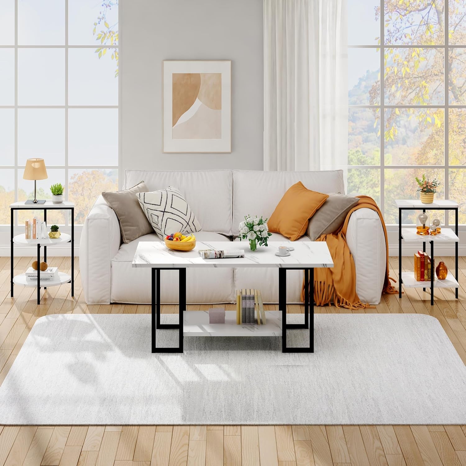 Coffee Table Set of 3 Coffee Table and End Table Sets, Modern Living Room Table Set with Metal Frame for Apartment Home Office White & Black