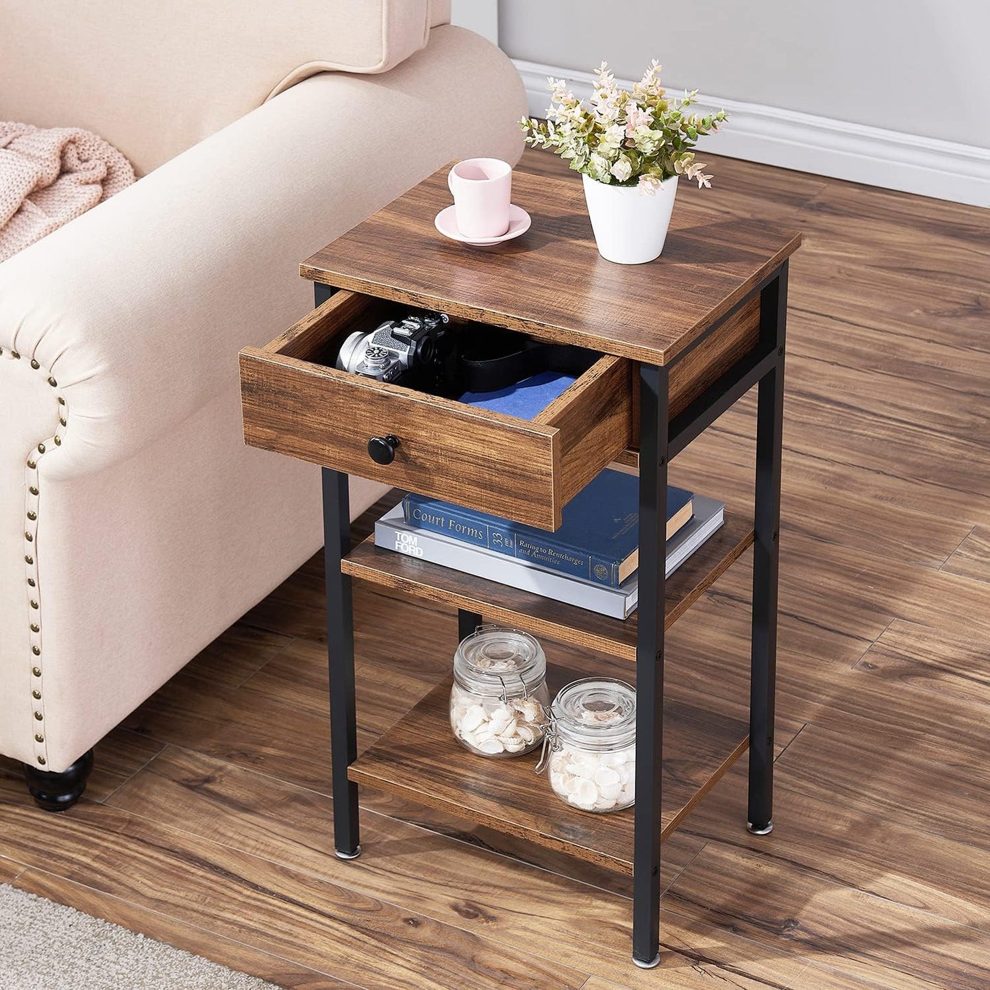 Tall End Side Table,Nightstand with Adjustable Shelf and Bin Drawer for Living Room/Bedroom/Entryway Small Spaces