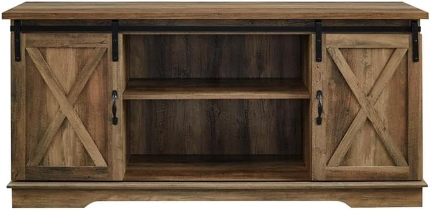 Richmond Modern Farmhouse Sliding Barn Door Stand for Tvs up to 65 Inches, without Fireplace, Rustic Oak