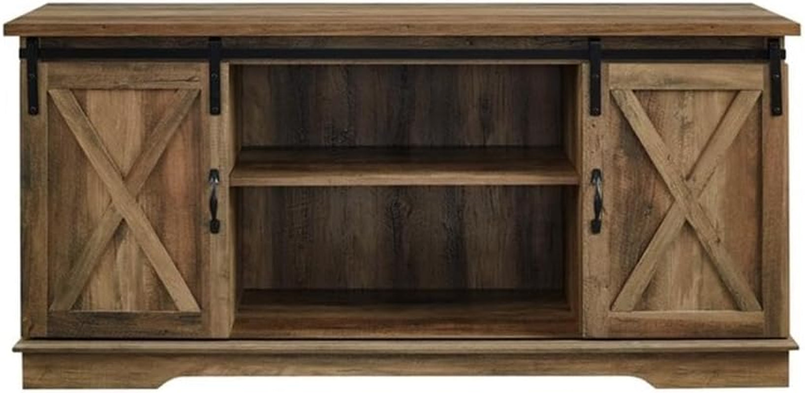 Richmond Modern Farmhouse Sliding Barn Door Stand for Tvs up to 65 Inches, without Fireplace, Rustic Oak