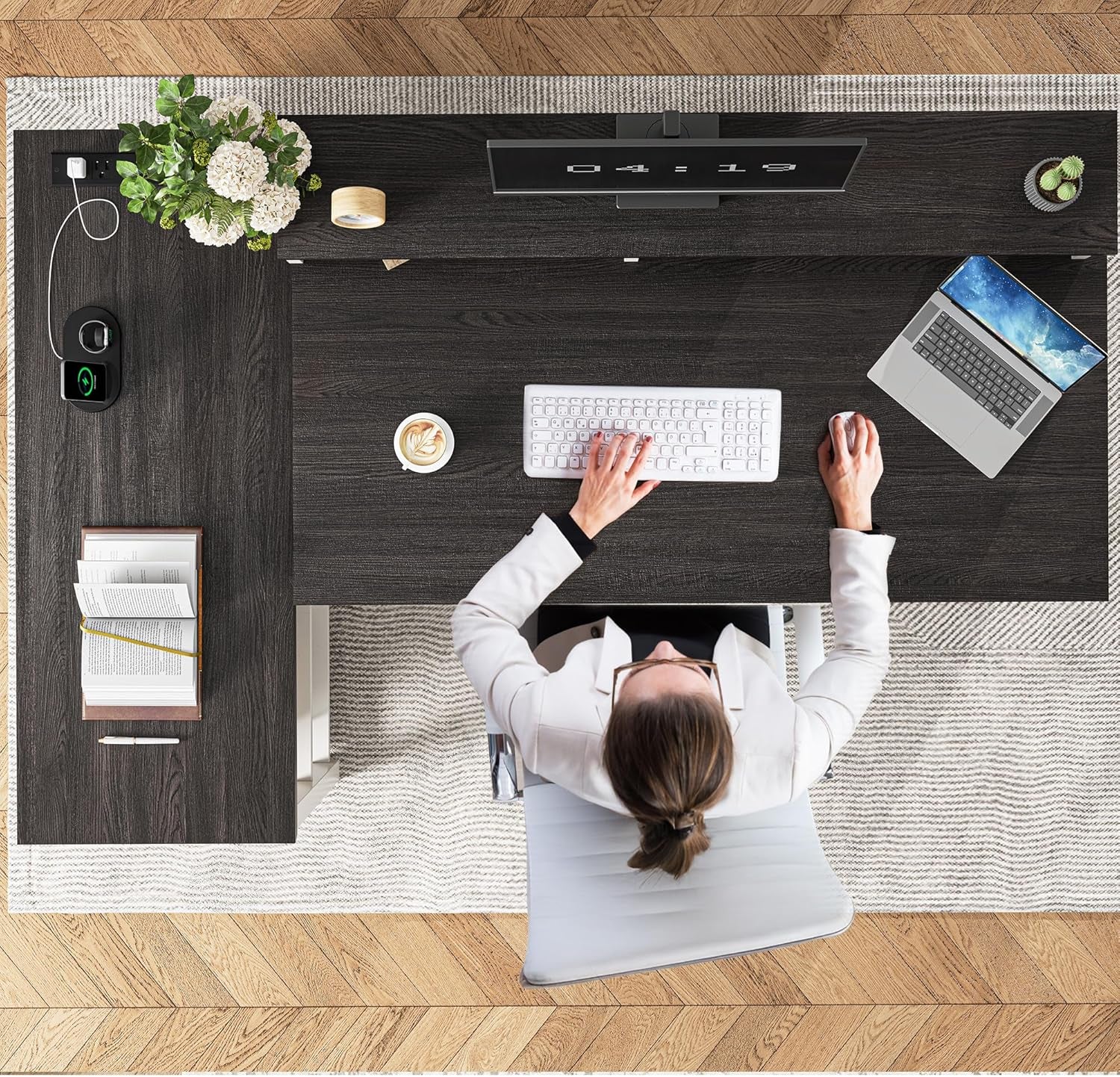 55" L Shaped Farmhouse Computer Desk with Drawers, Office Desk with Long Monitor Stand & Storage Shelves for Bedroom, Desk for Home Office, Desks with Power Outlets & LED Lights, Study Room