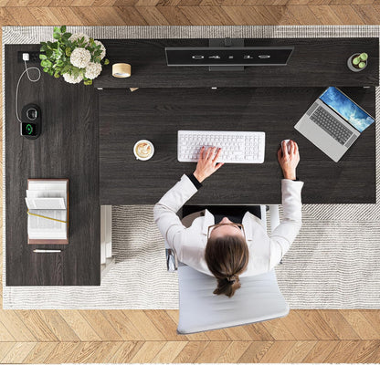 55" L Shaped Farmhouse Computer Desk with Drawers, Office Desk with Long Monitor Stand & Storage Shelves for Bedroom, Desk for Home Office, Desks with Power Outlets & LED Lights, Study Room
