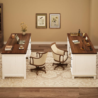 53.5" Wooden Home Office Desk with File Drawers, Executive Desk with Power Outlet, Farmhouse Wood Desk with Storage, Distressed Study and Work Table, Rustic White