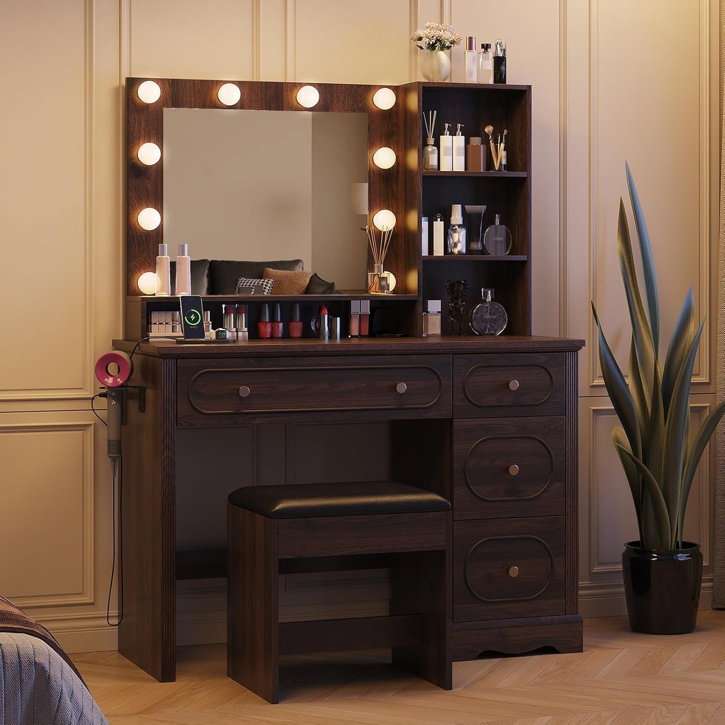 42" W Walnut Makeup Vanity Desk with Mirror and Lights and Charging Station, Dark Brown Wood Vanity with Open Storage and Drawers and Stool Chair, Dressing Table Make up Desk for Bedroom