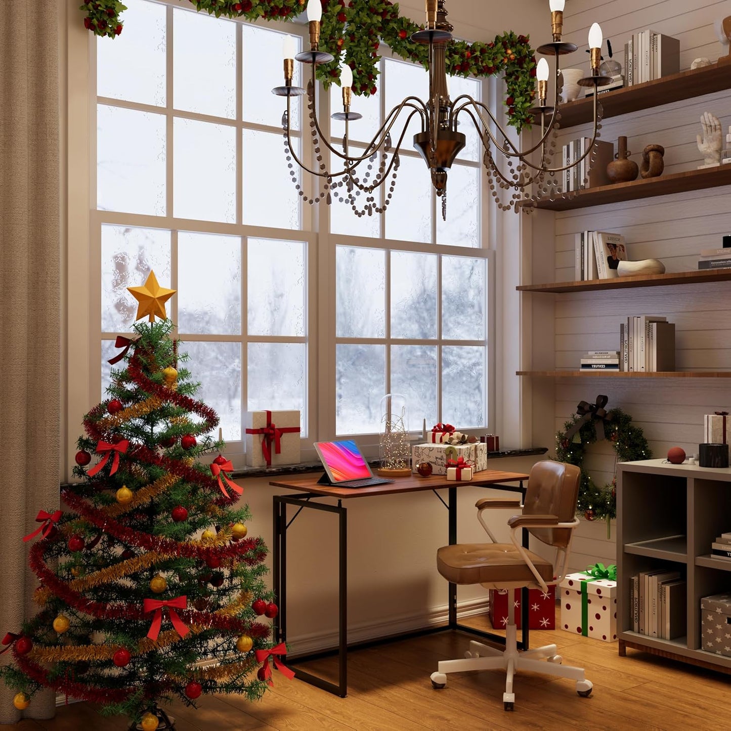 Folding Desk - 31.5" Wood Top Foldable Desk for Small Spaces | No Assembly Required Compact Table for Home Office, Writing, and Study