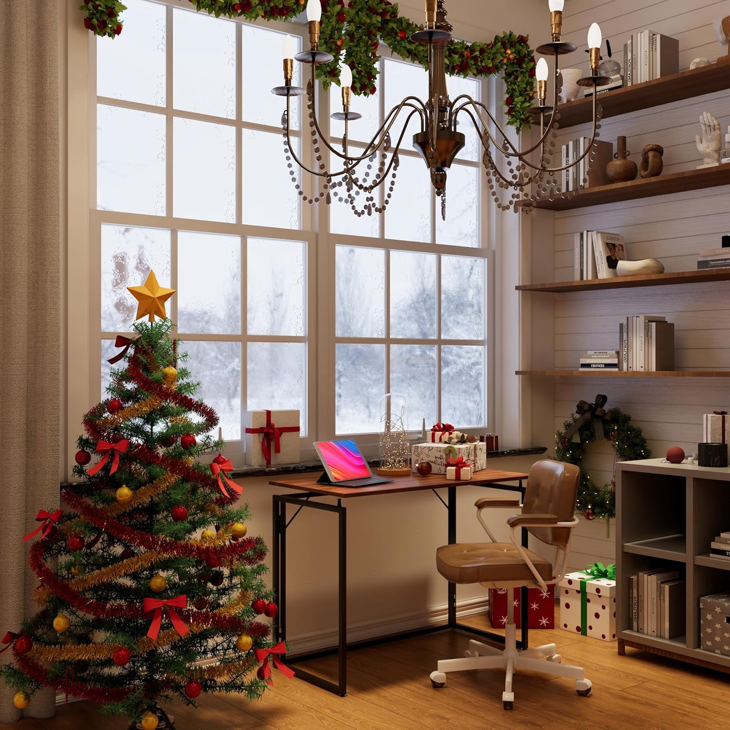 Folding Desk - 31.5" Wood Top Foldable Desk for Small Spaces | No Assembly Required Compact Table for Home Office, Writing, and Study