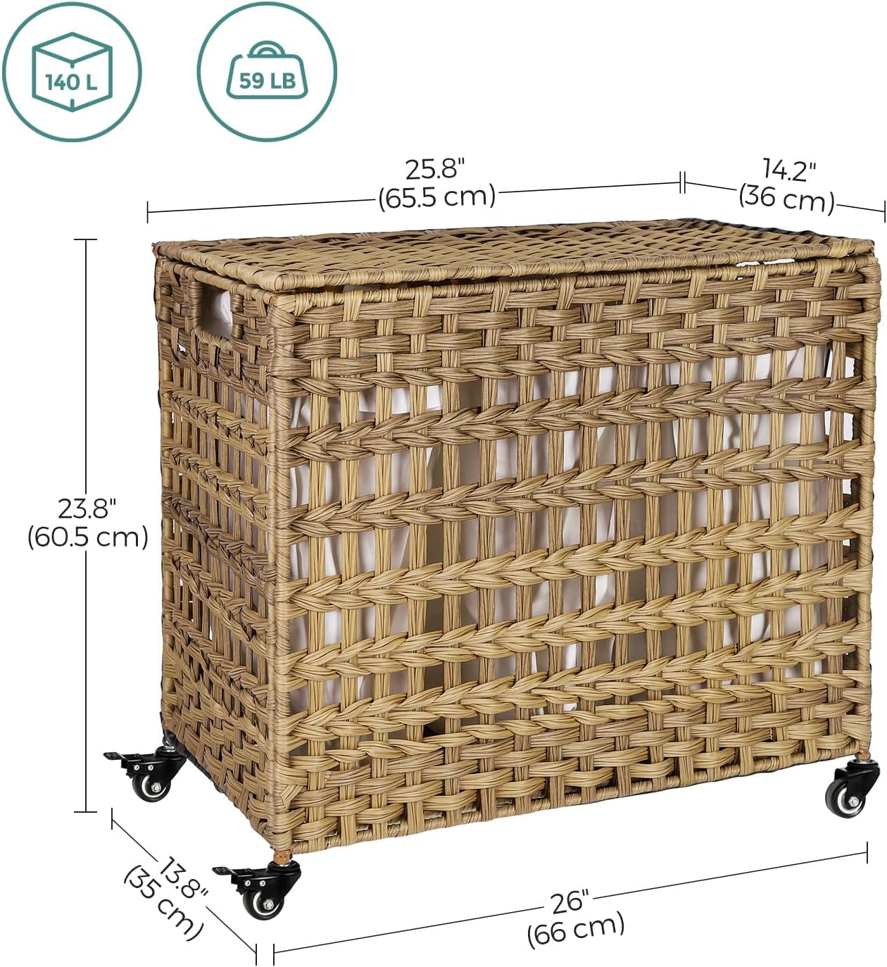 Laundry Hamper with Lid, 140L Synthetic Rattan Laundry Basket with Wheels, Clothes Hamper with 3 Removable Liner Bags, 3-Section Hampers with Handles, Laundry Room, Natural ULCB083N01