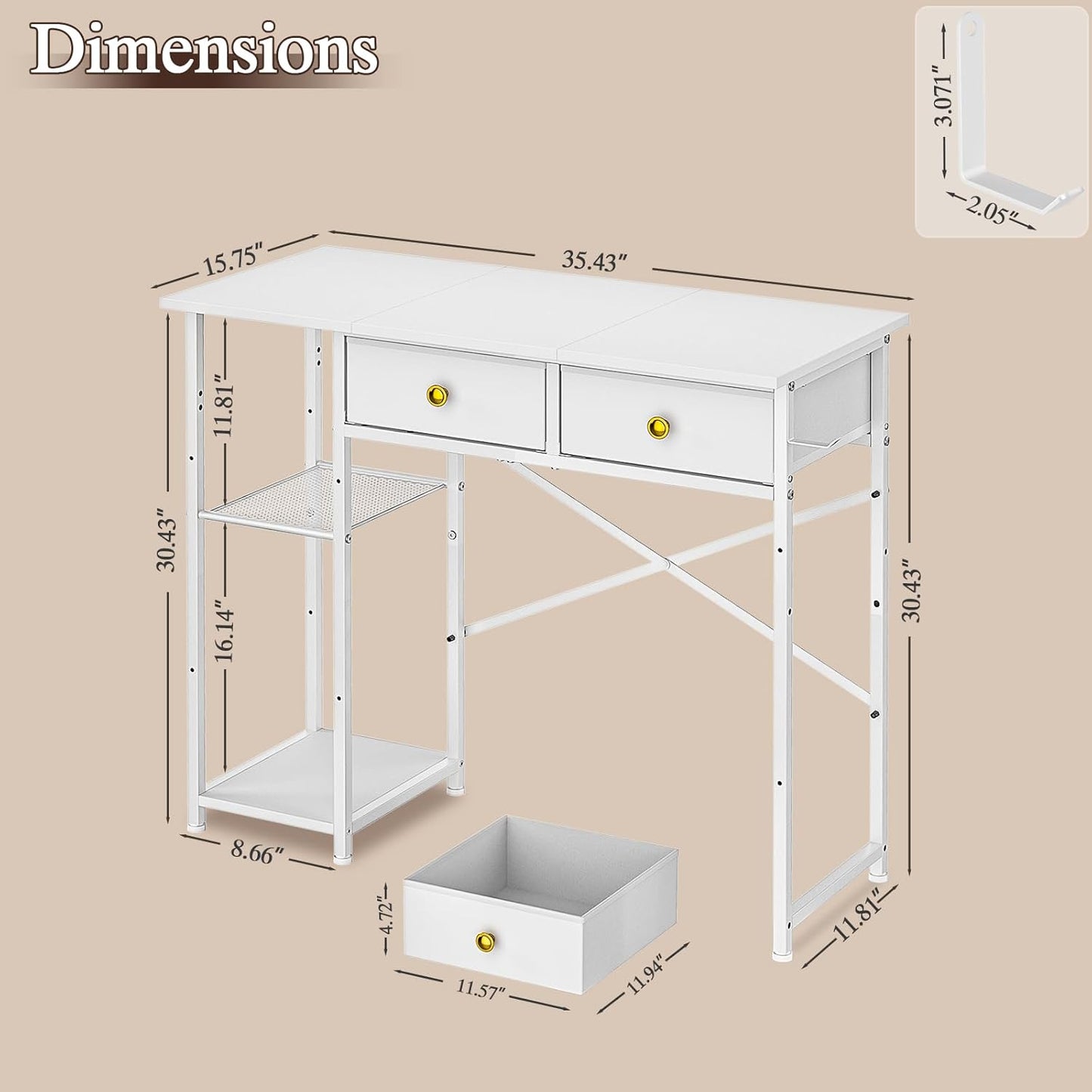 White Computer Desk, 36 Inch Small Desk with Drawers, Home Office Desk with Storage Shelves for Bedroom, Living Room, Dorm, Vanity Desk for Small Spaces, White