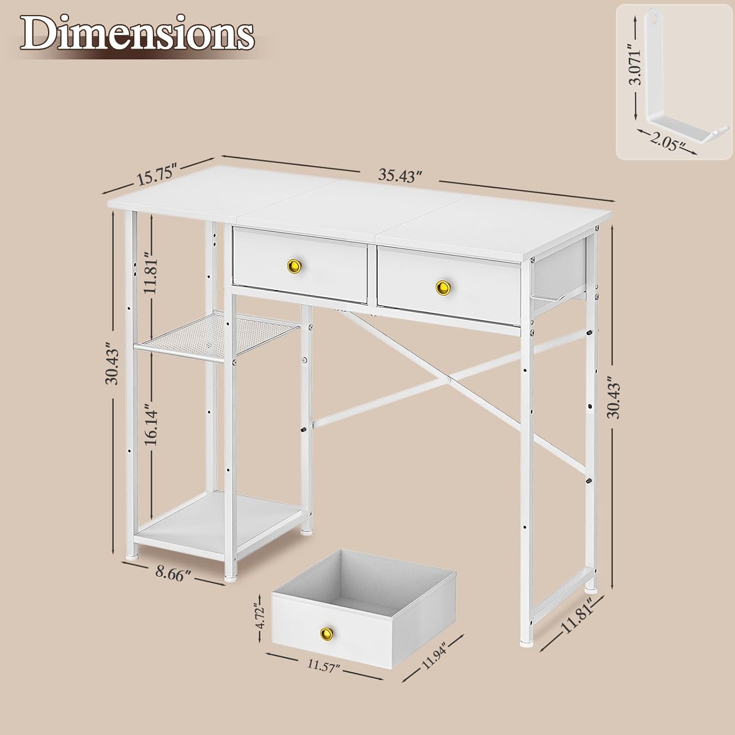 White Computer Desk, 36 Inch Small Desk with Drawers, Home Office Desk with Storage Shelves for Bedroom, Living Room, Dorm, Vanity Desk for Small Spaces, White