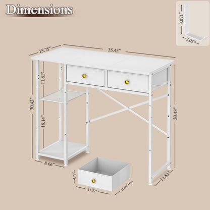 White Computer Desk, 36 Inch Small Desk with Drawers, Home Office Desk with Storage Shelves for Bedroom, Living Room, Dorm, Vanity Desk for Small Spaces, White